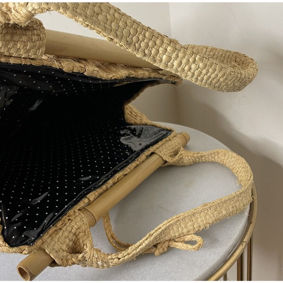 VTG Boho Mid-century Natural Straw Raffia Bag Tote Bamboo Accent Summer Beach - Picture 13 of 16